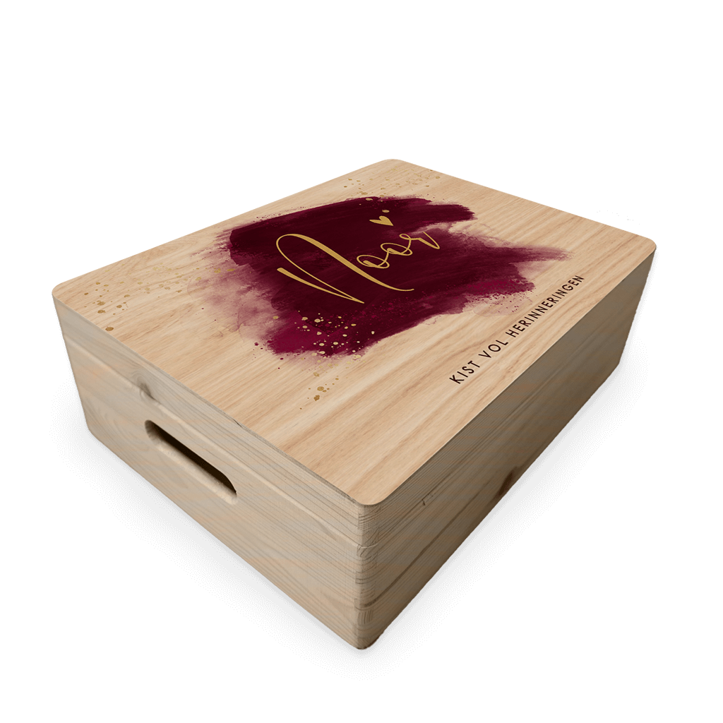 Houten bewaarkist watercolour verf bordeaux rood en goudspetters