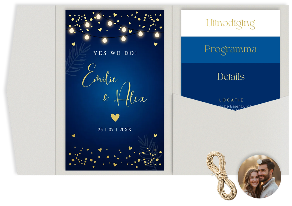 Pocketfold trouwkaart blauw kerst lampjes goudfolie