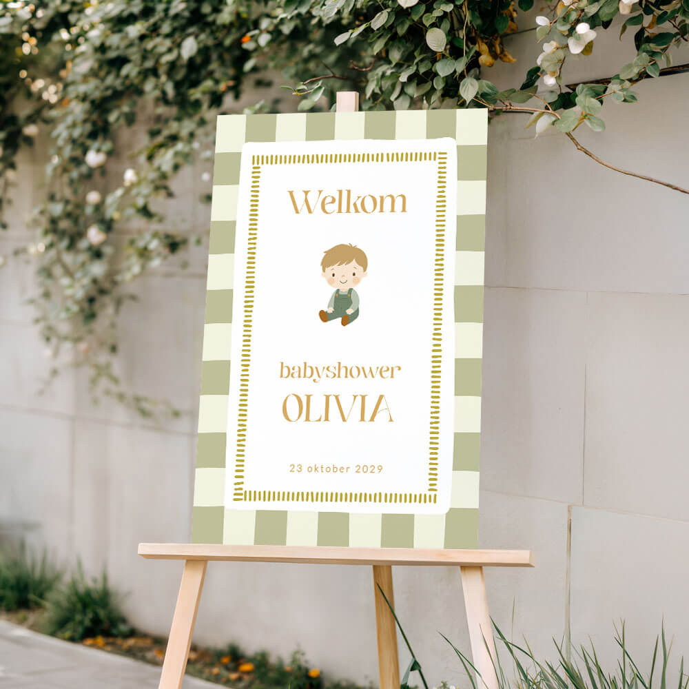 Babyshower welkomstbord met illustratie van jongetje en kader
