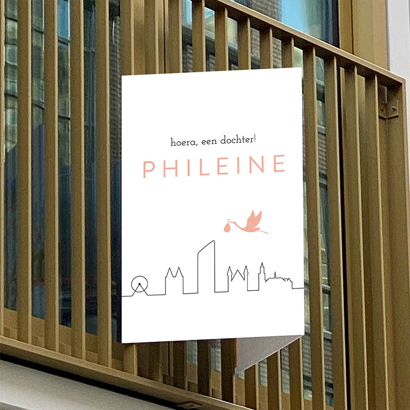 Geboortebord met roze ooievaar en skyline Den Haag