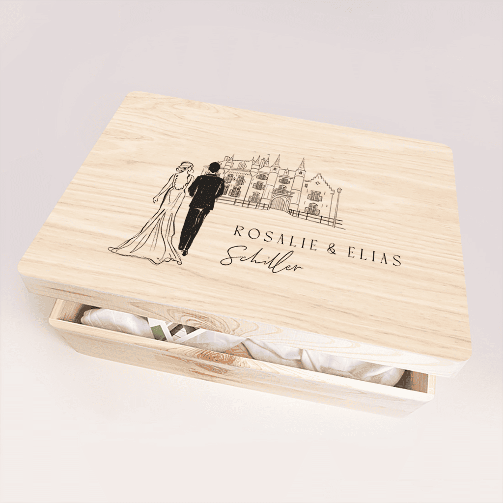 Erinnerungsbox zur Hochzeit in Schwarz-Weiß mit Tuschezeichnung