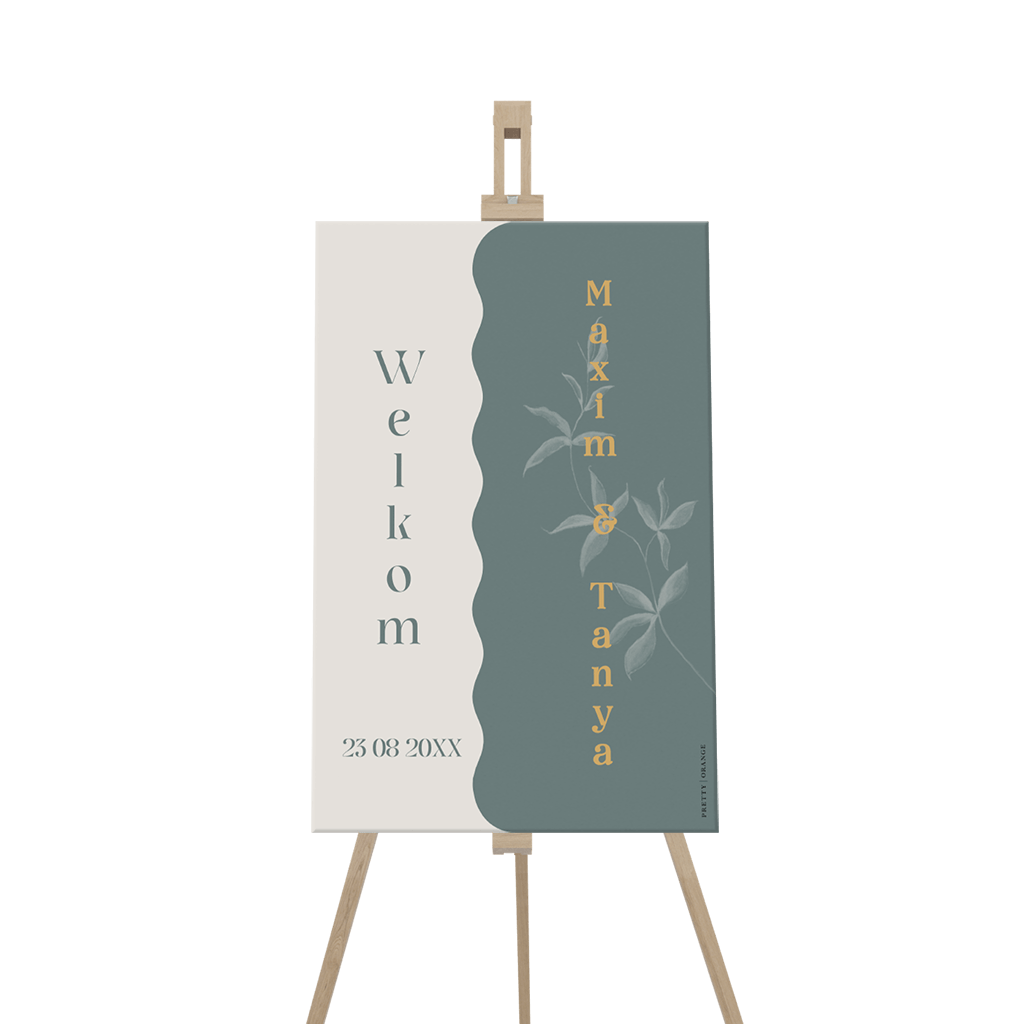 Welkomsbord bruiloft met golvend vlak en takje