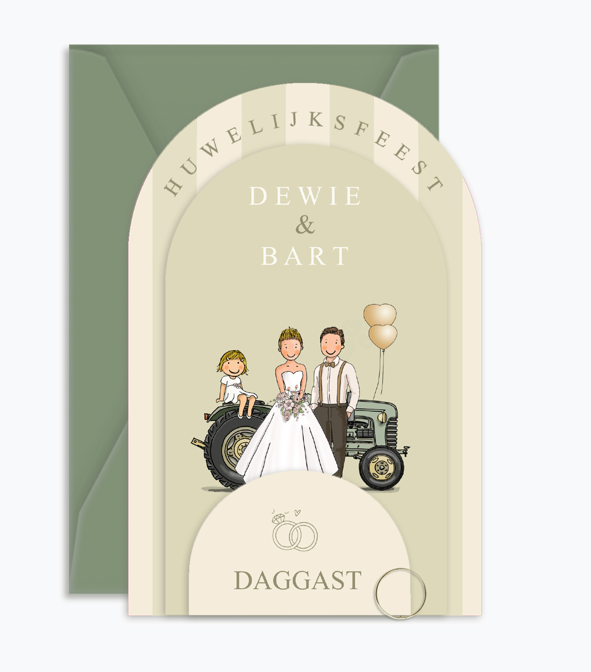 Stapelkaart bruidspaar tractor in groene tinten