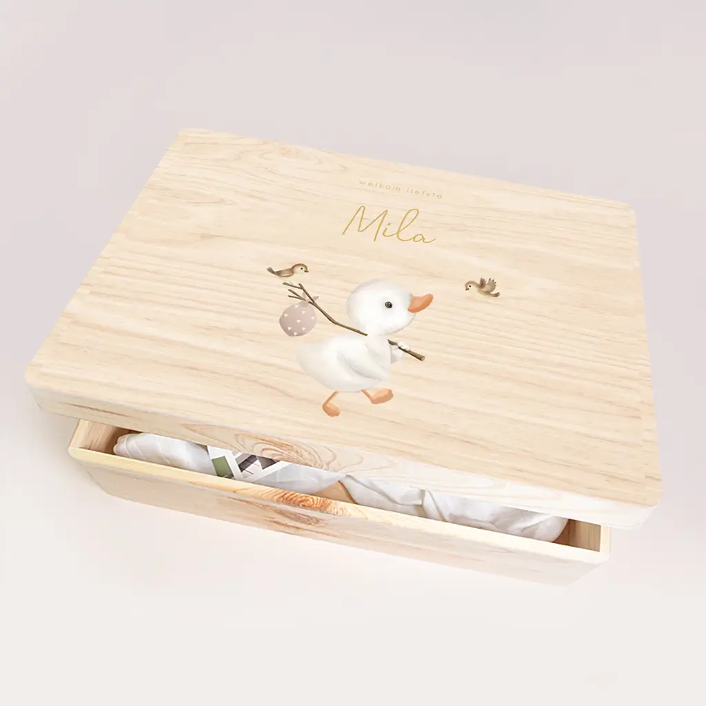 Memorybox met eendje, knapzak en vogeltjes