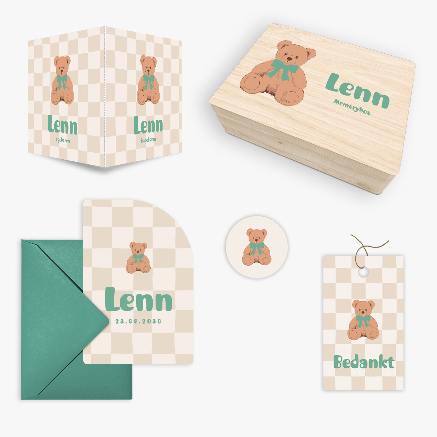 doorlink geboortekaartjes set teddy and checks