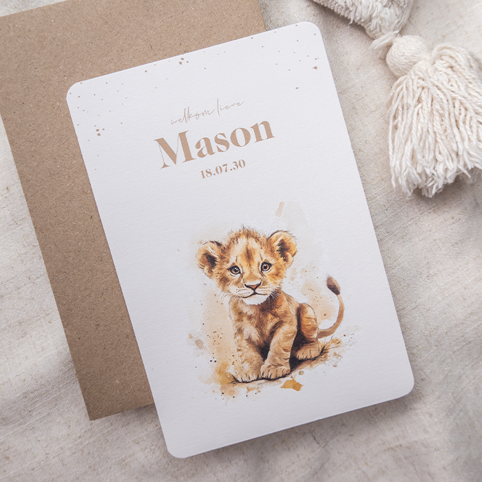 Lief geboortekaartje met leeuwtje naturel tinten