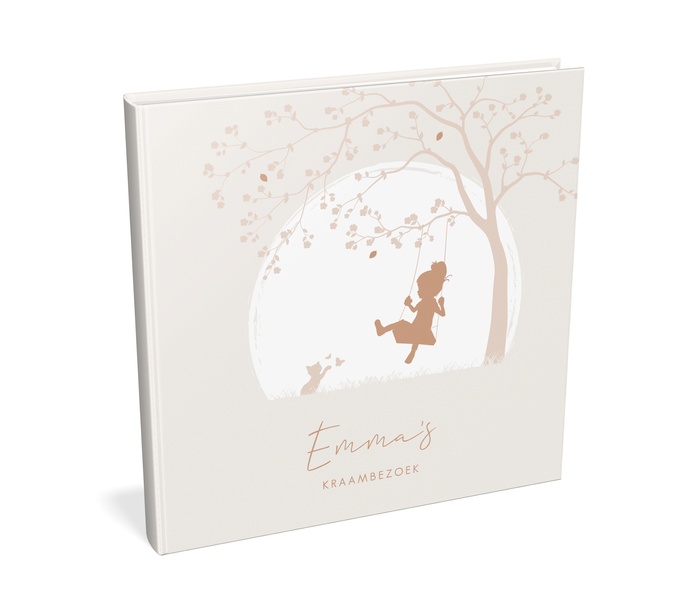 Kraambezoekboek met silhouetje meisje op schommel en boom