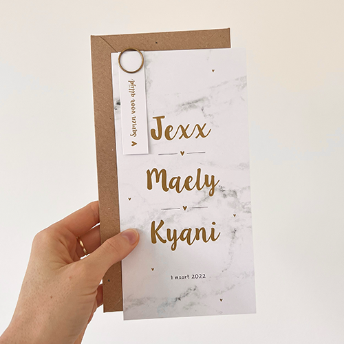 Geboortekaartje Drieling Marmer Goud Wit