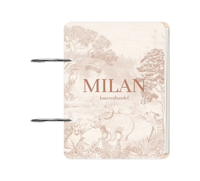 Bewaarbundel geboortekaartje met illustraties bosdieren in roestkleur