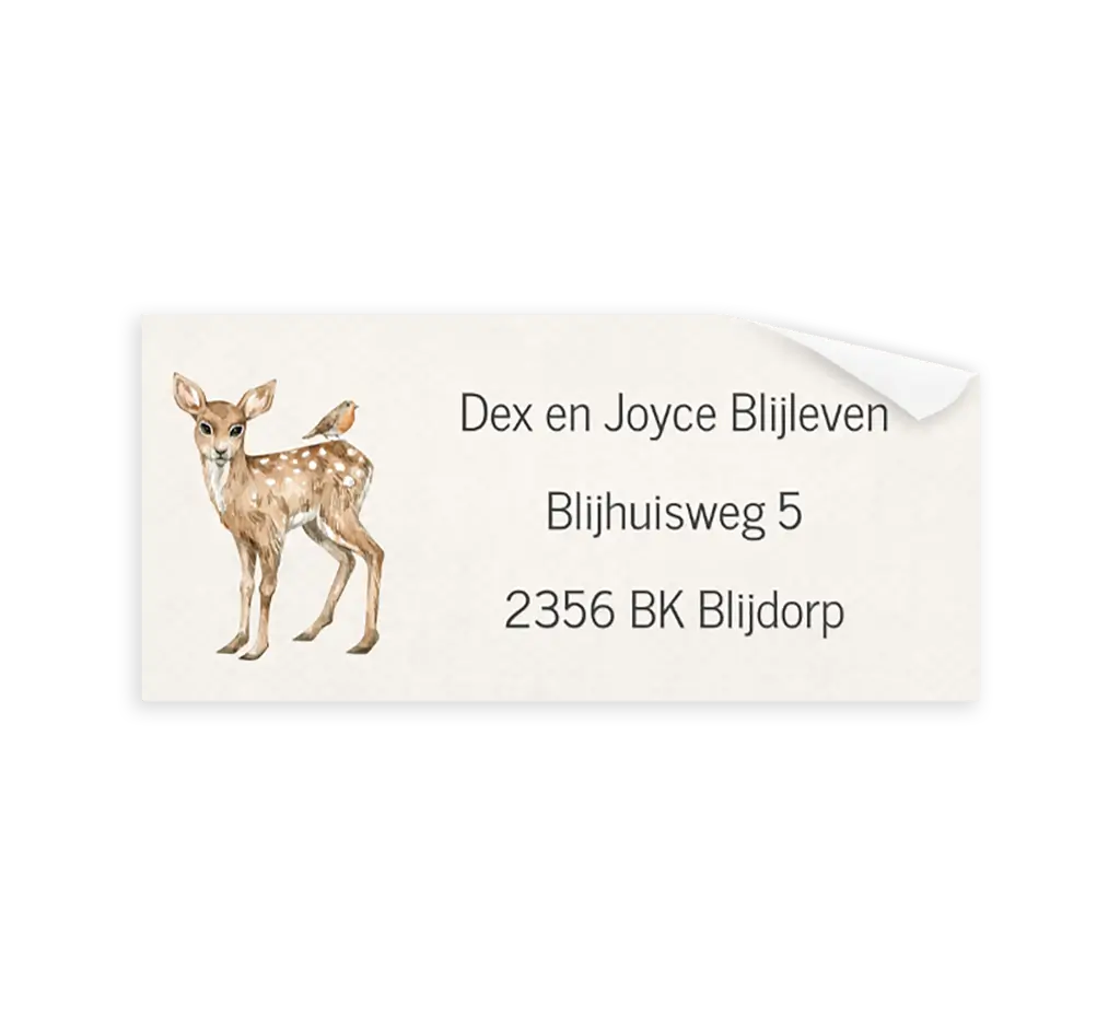 Lieve adressticker met getekend hertje en vogel