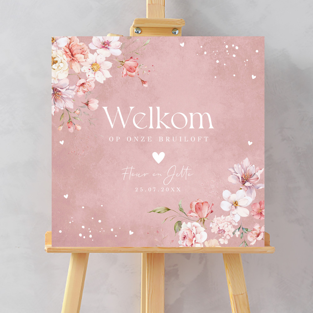 Welkomstbord bruiloft bloemen dusty pink