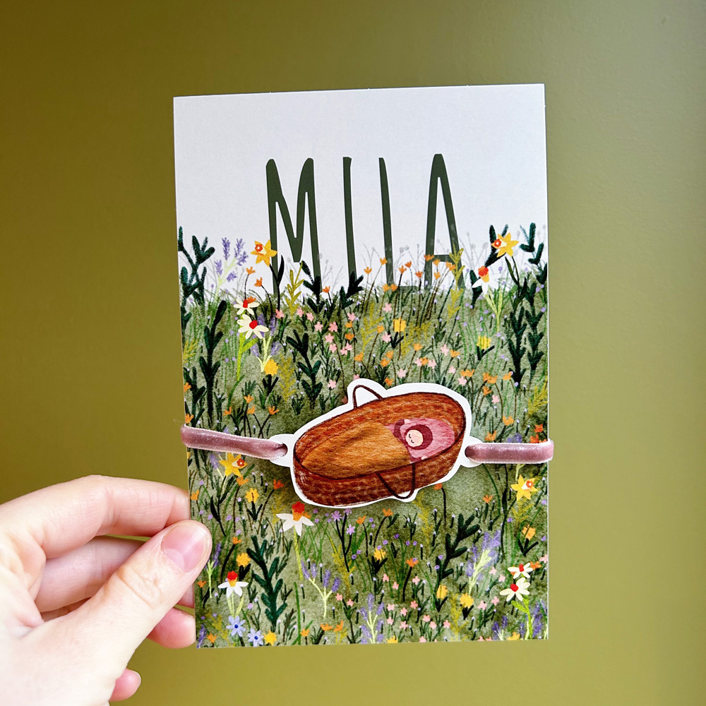 Geboortekaart lente bloemen labeltje wiegje