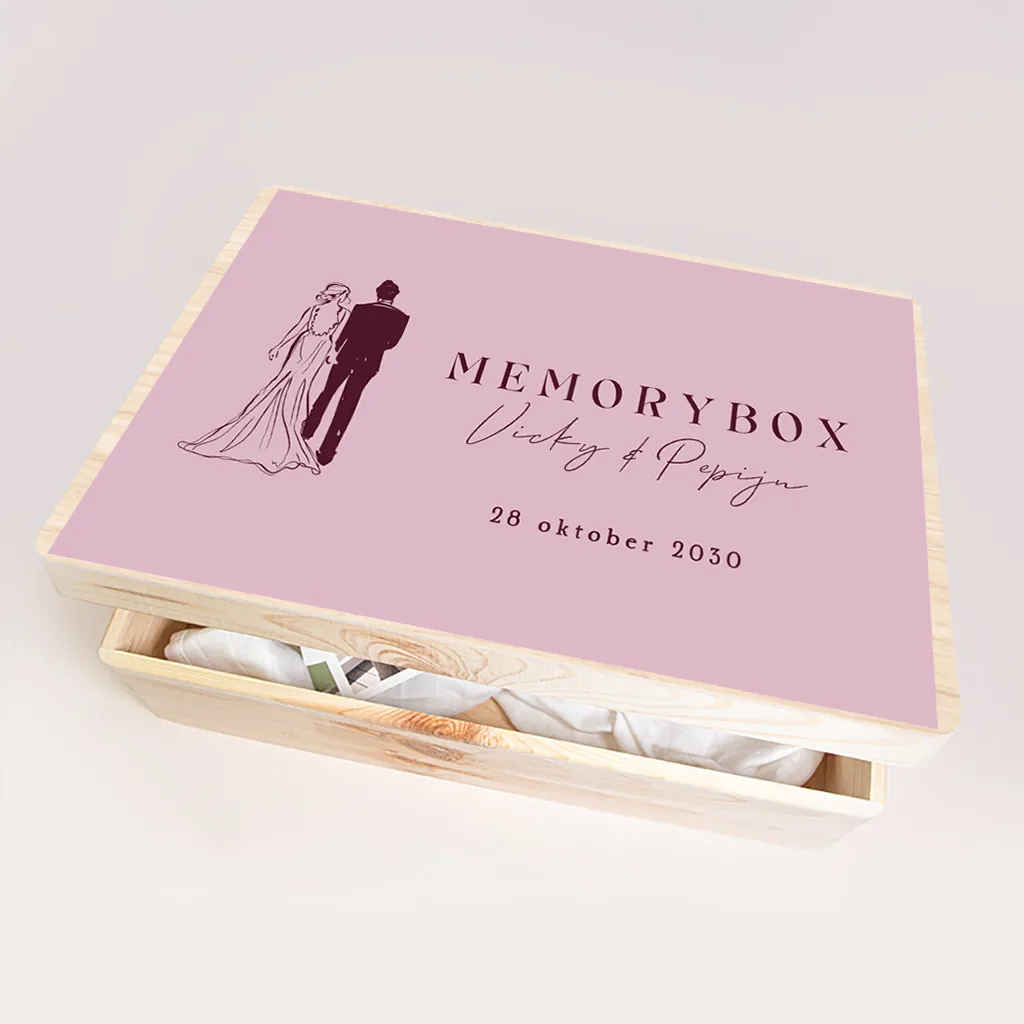 Memorybox huwelijk in roze met illustratie van bruidspaar