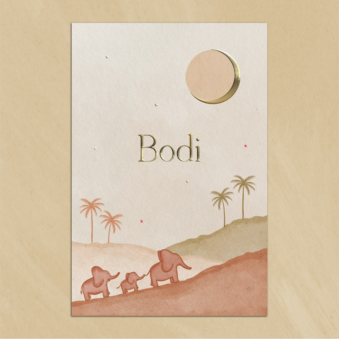 Geboortekaartje Landschap Olifantjes Palmbomen Terracotta Aardetinten