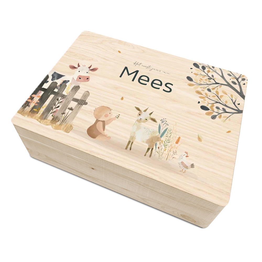 Geboorte bewaardoos voor een jongen met boerderijdieren vallend blad