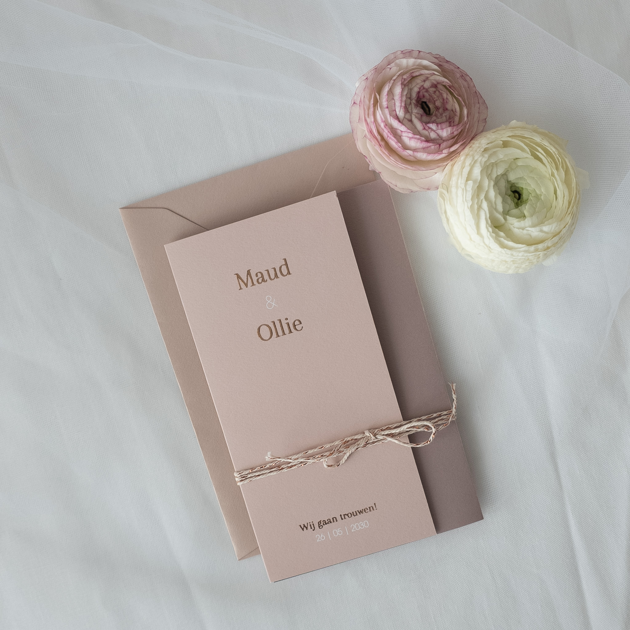 Trouwkaart drieluik mapje blush roze rosefolie