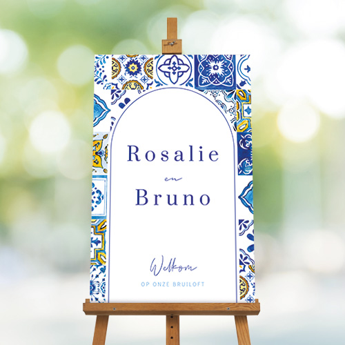 Mediterraanse tegeltjes welkomstbord voor een bruiloft