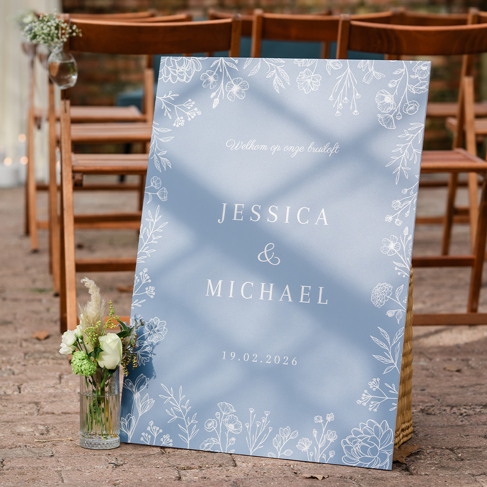 Welkomstbord bruiloft klassiek blauw bloemen
