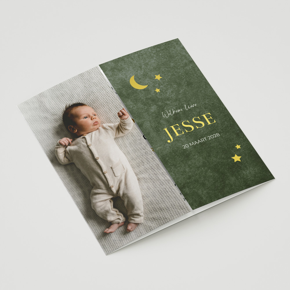 Geboortekaartje jongen luikvouw velvet look groen goudfolie