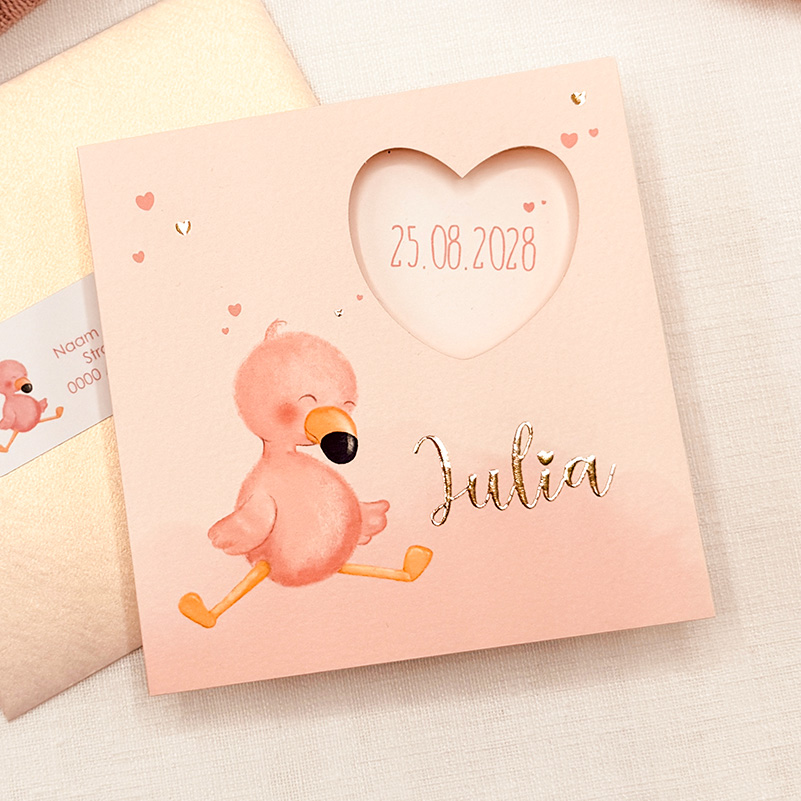 Geboortekaartje schattig roze flamingo hartvormig doorkijkje