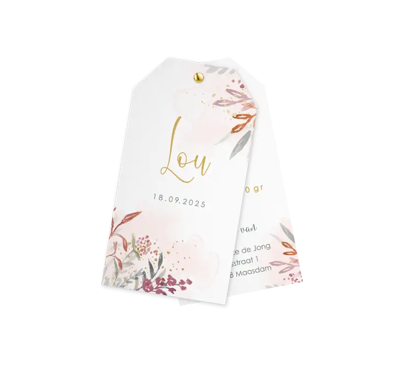 Lief label geboortekaartje voor dochter met bloemen en watercolour