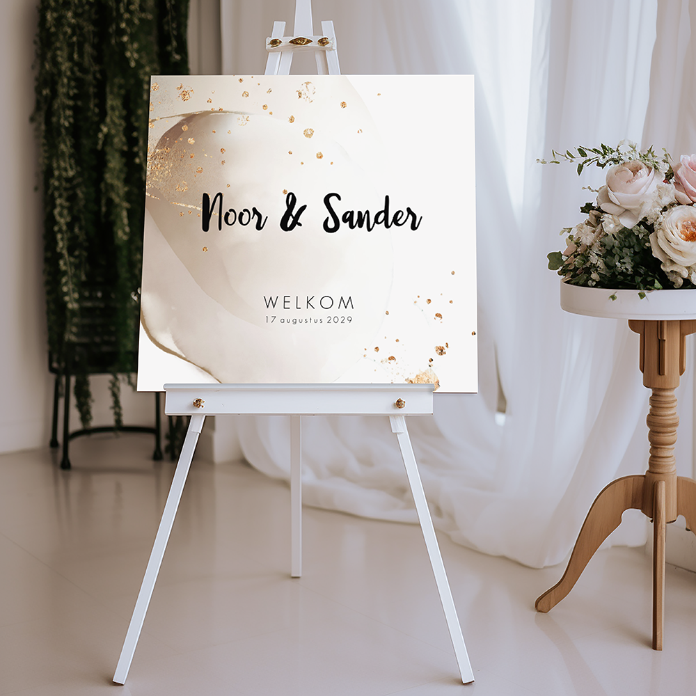 Bruiloftsbord met bruin tinten aquarel en goud glitter look