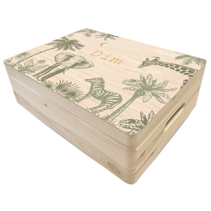 Houten jungle dieren geboorte memory box voor een jongen