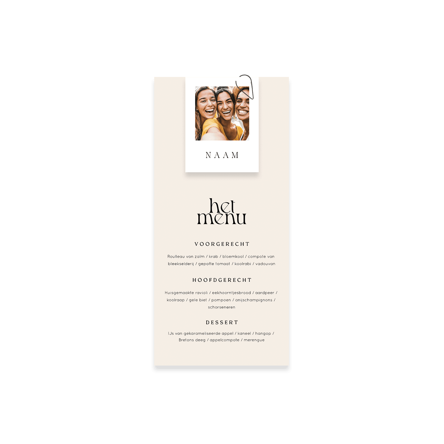 Stijlvolle beige menukaart met optioneel naamkaartje