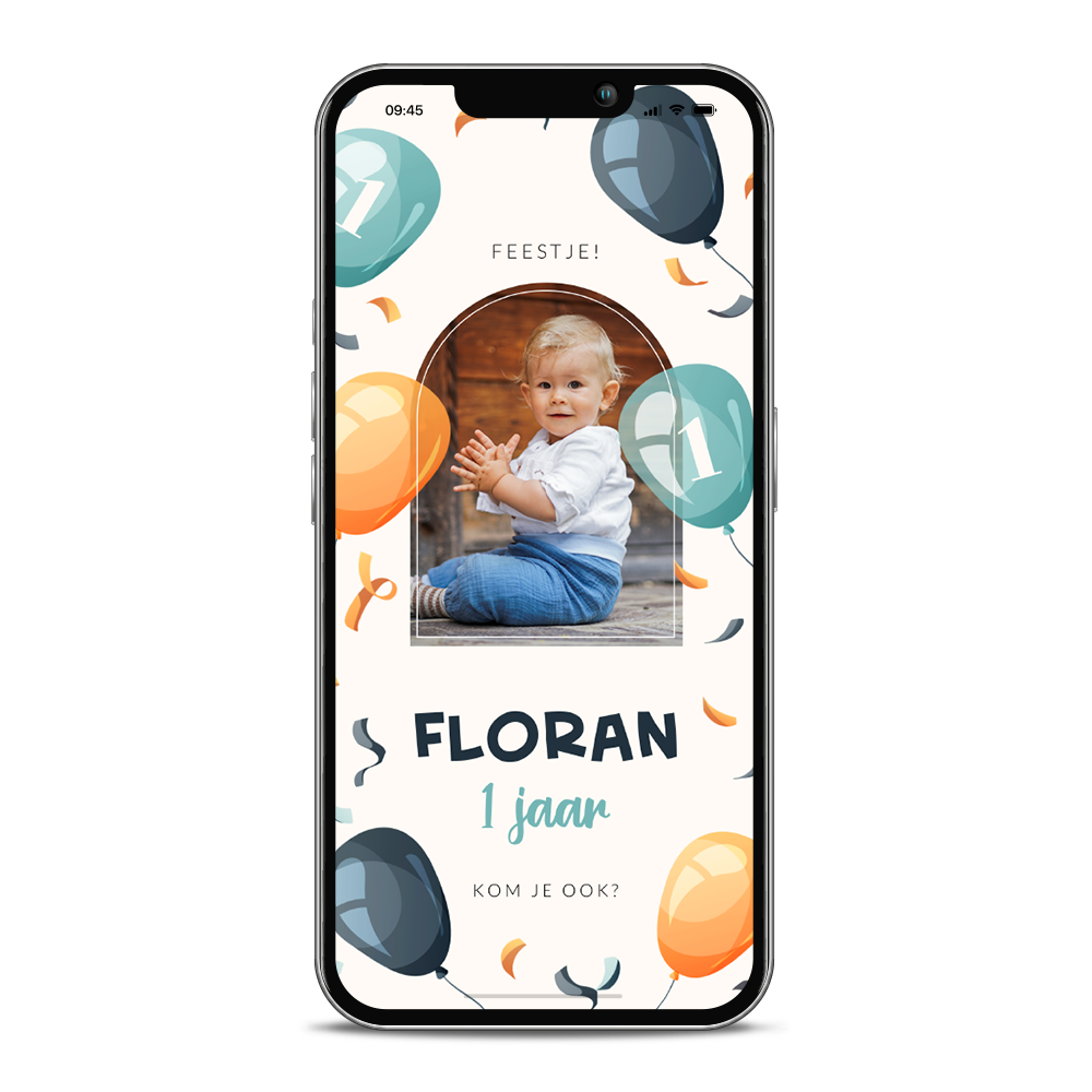Digitale uitnodiging verjaardag jongen 1 jaar met foto en ballonnen