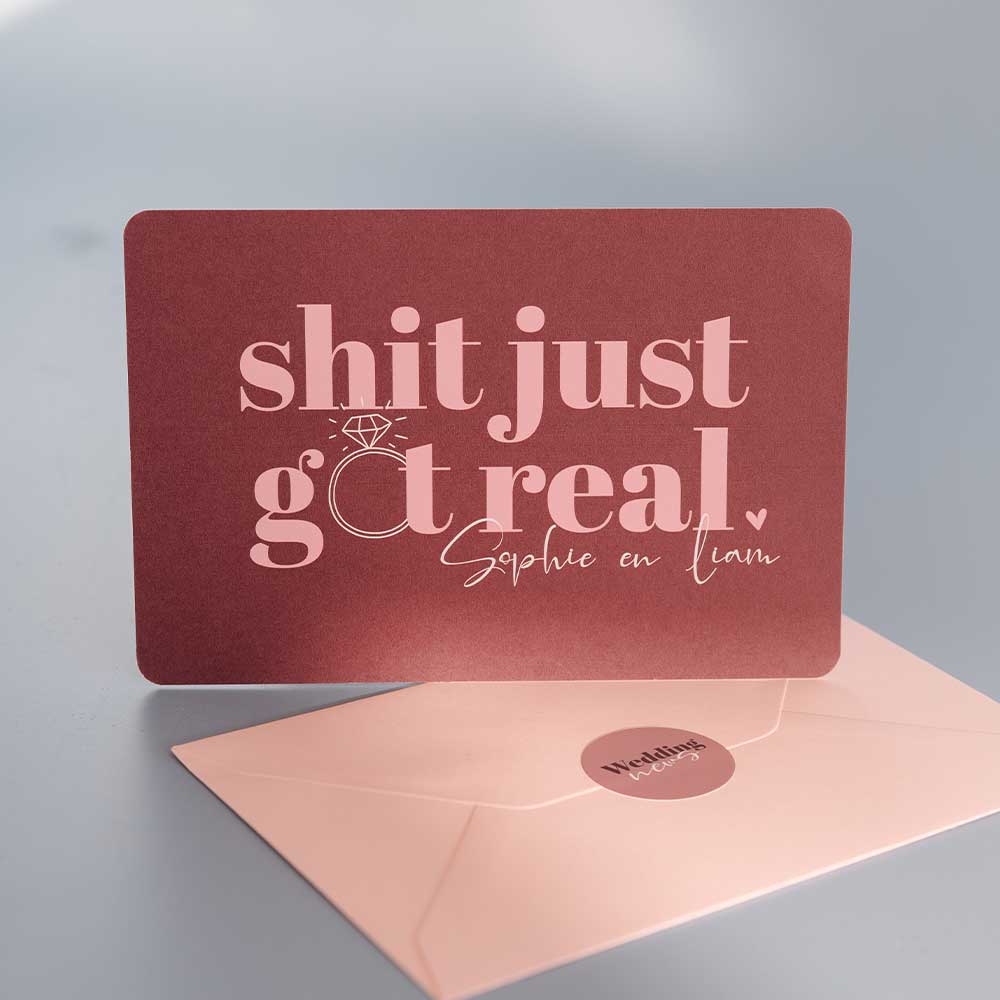 Trouwkaart met colorblocking en humoristische quote