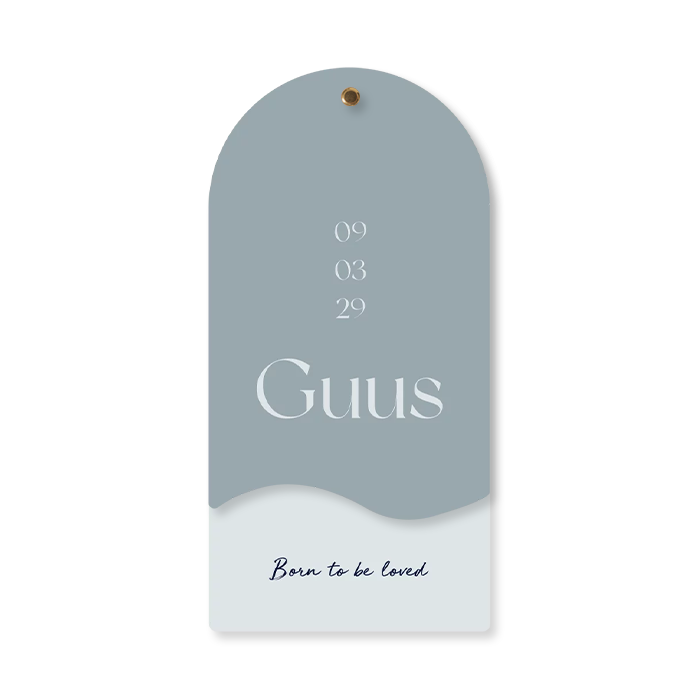 Geboortekaartje jongen in boogvorm met golvend label blauw