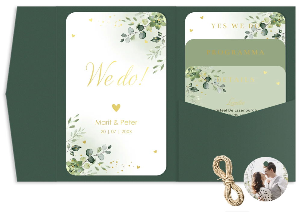Pocketfold set trouwkaart botanisch groen bladeren goudfolie