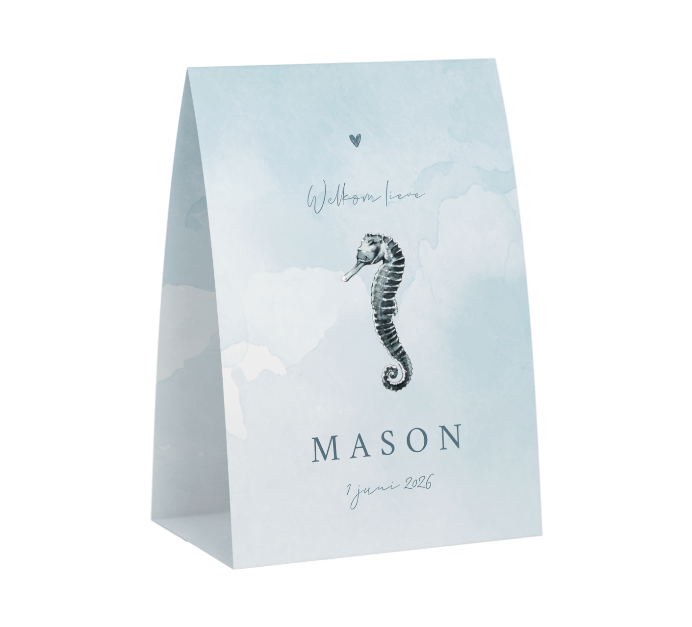 Blauw geboortekaartje met watercolour en zeepaardje in tentvorm
