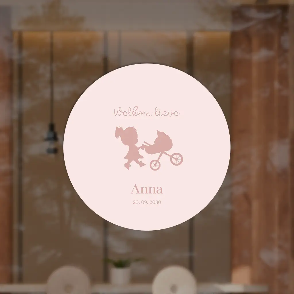 Raamsticker roze met grote zus en kinderwagen