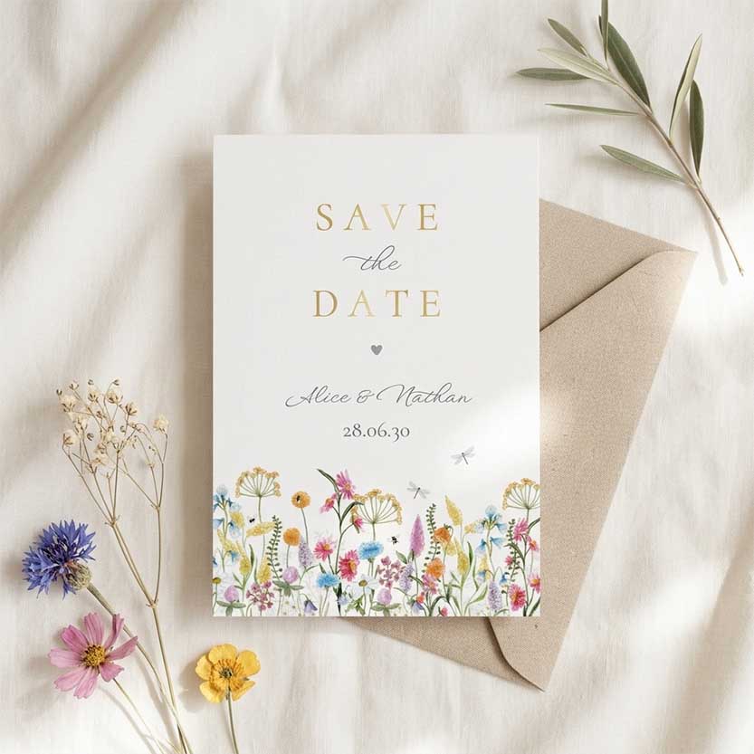 Save the Date met blauw gele veldbloemen libellen en bijtjes