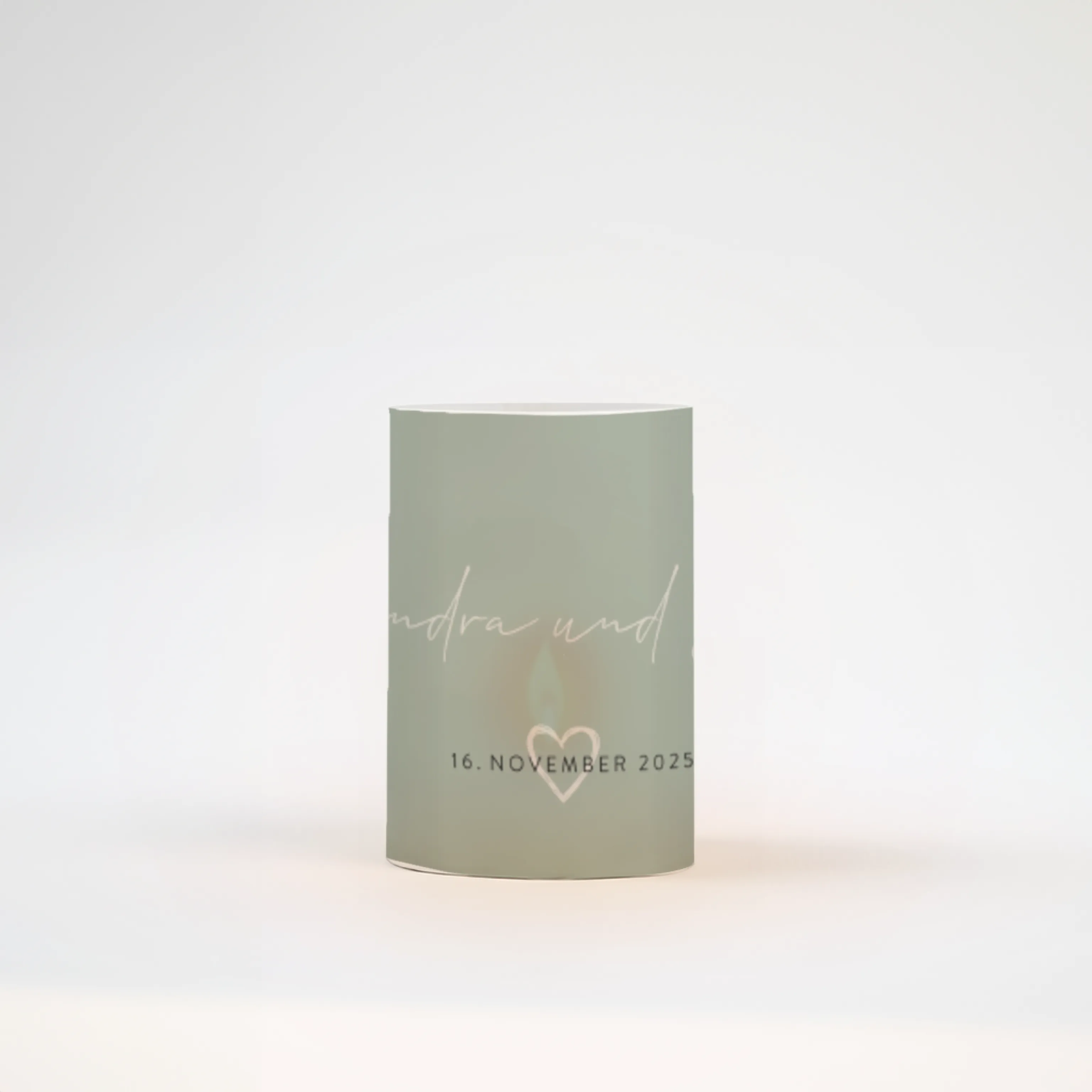 Windlicht Hochzeit in Grün mit weißer Schrift und Herz