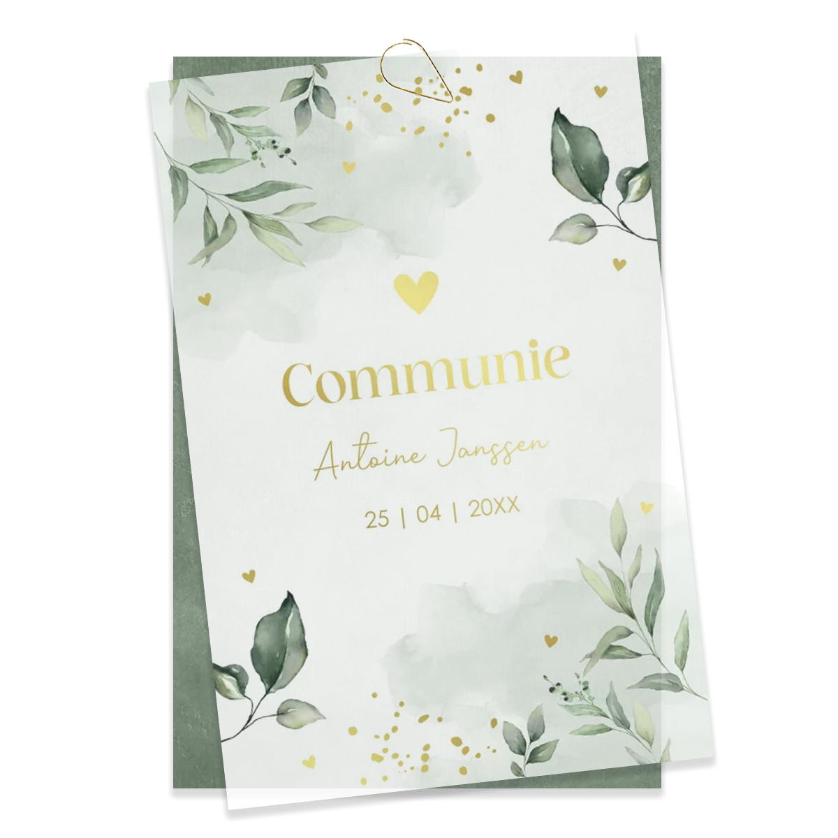 Kaart 1: communie uitnodiging kalkpapier botanisch groen goudfolie