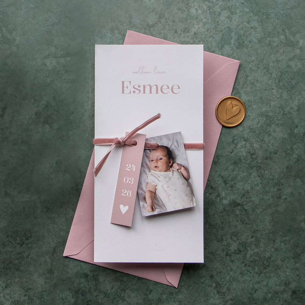 Geboortekaartje meisje labelkaart foto wit oudroze