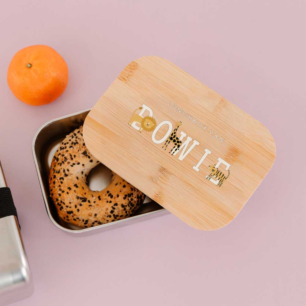 RVS broodtrommel met naam en jungledieren