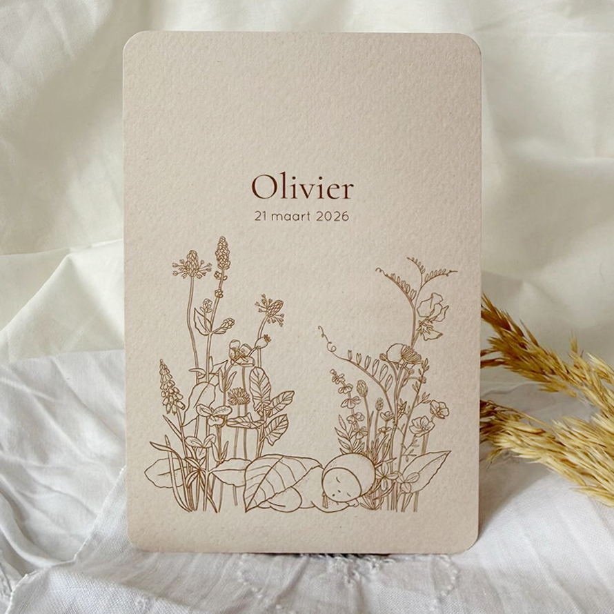 UNIEK GEBOORTEKAARTJE LIJNTEKENING BLOEMEN MET KINDJE