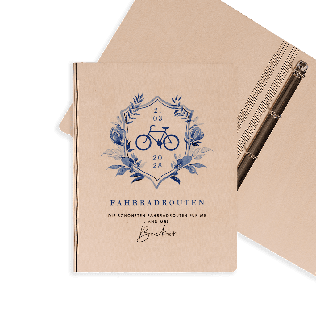 Romantischer Sammelordner für Fahrradrouten zur Hochzeit in Delft Blau
