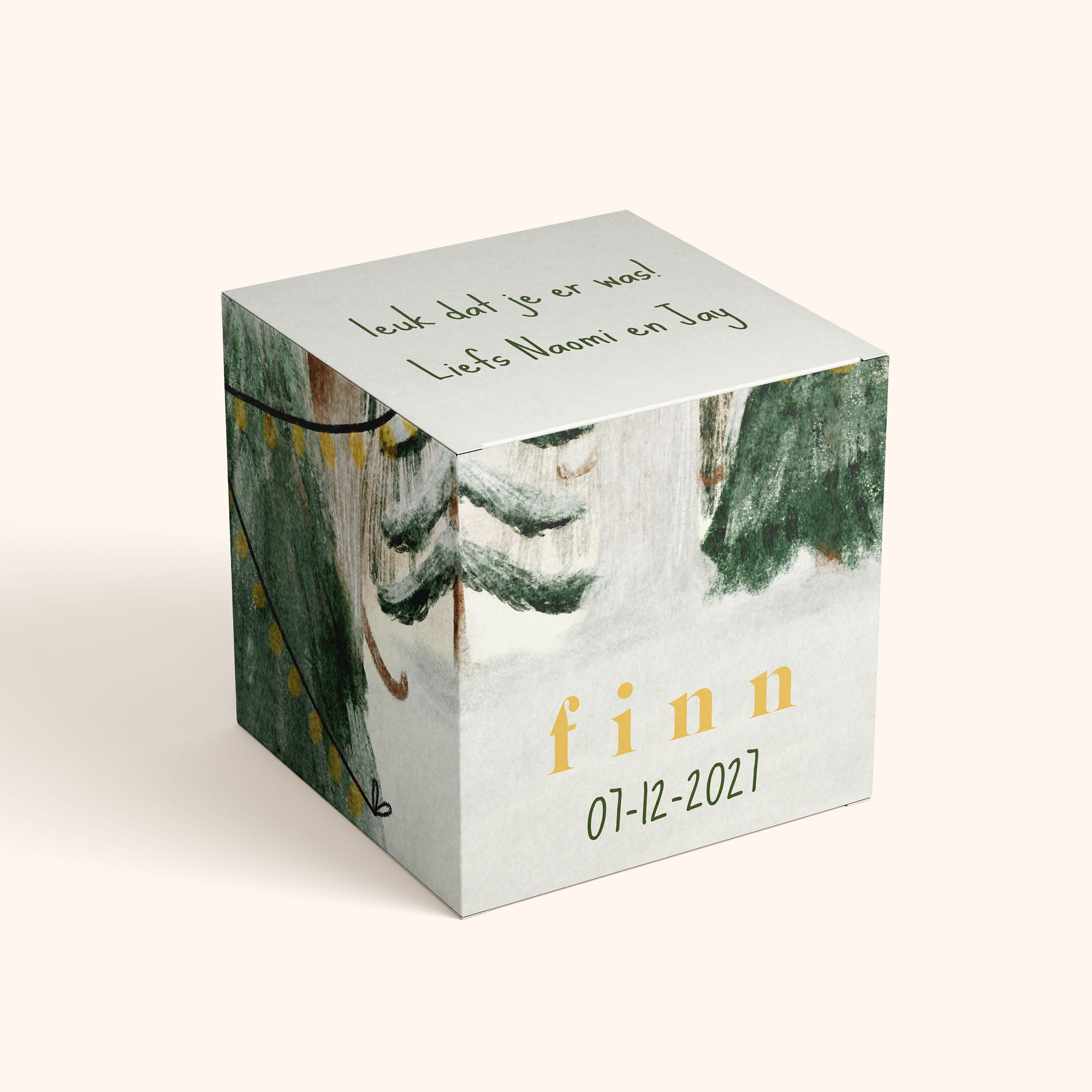 Doopsuikerdoosje winterbos wiegje lampjes sneeuw