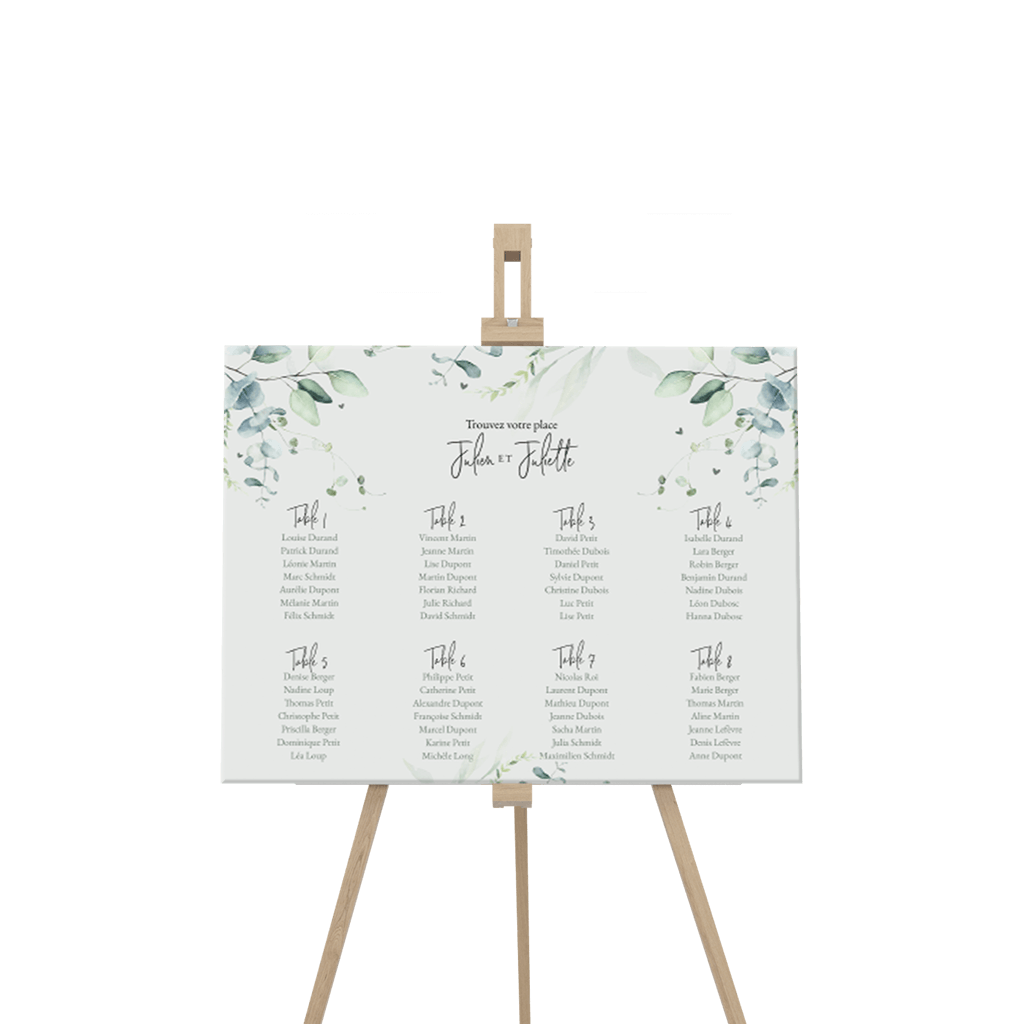 Panneau plan de table sur fond vert avec doux feuillage