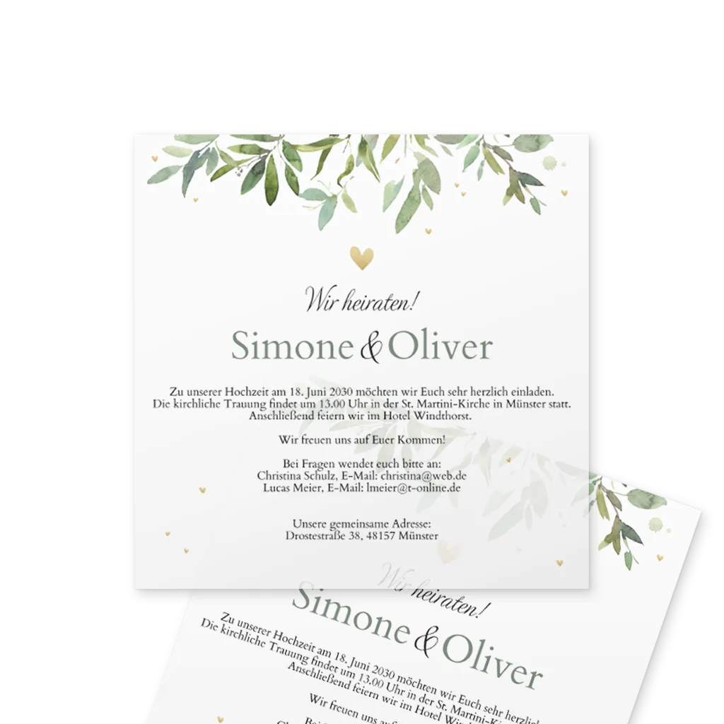 Harmonische Hochzeitskarte auf Vellum mit herabhängenden Zweigen