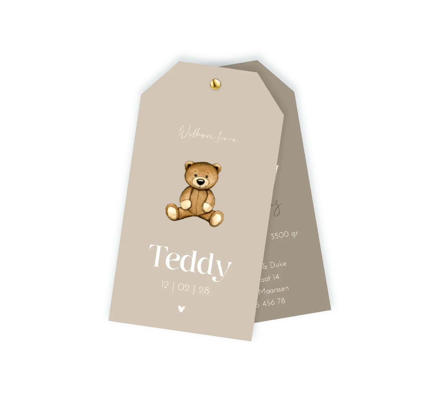Bruin label geboortekaartje met teddybeer