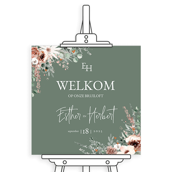 Groen welkomstbord bruiloft met bloemen