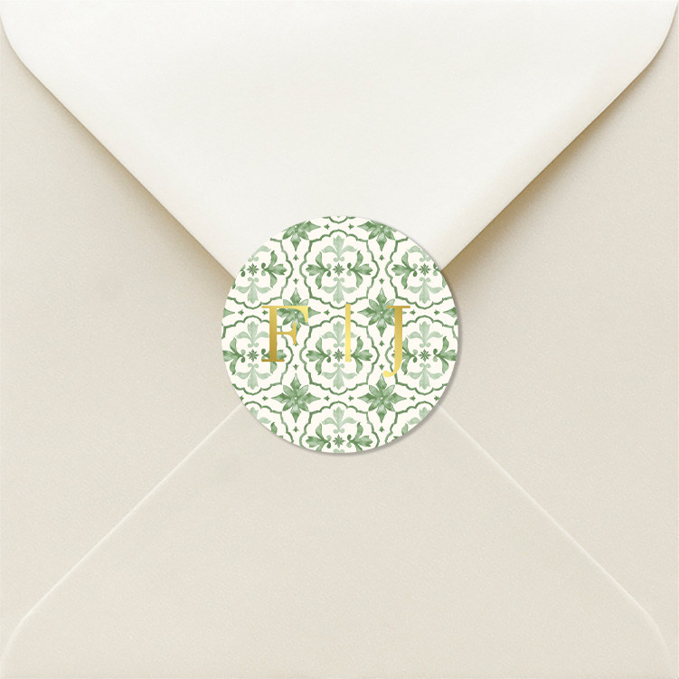 Sluitstickers huwelijk mediterraans patroon groen goudfolie | 25 stuks