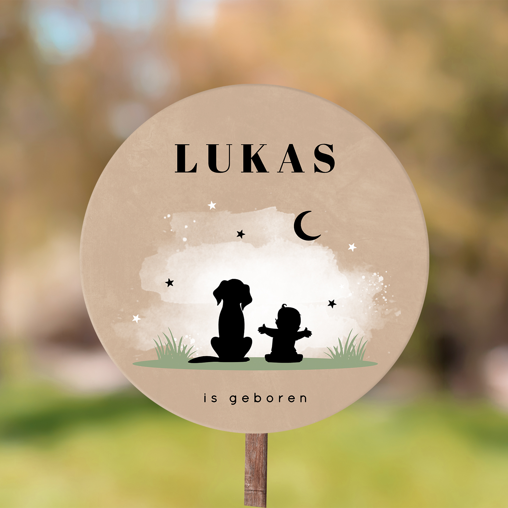 Rond tuinbord met silhouet jongen en hondje