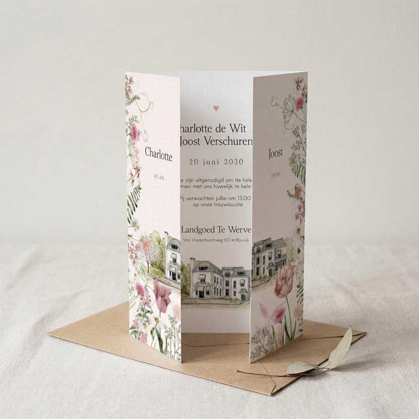Luikvouw trouwkaart trouwlocatie met botanische bloemen