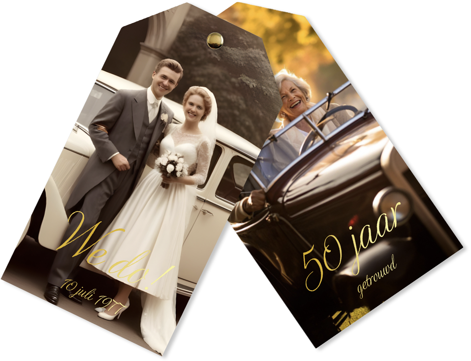 Label jubileumkaart 50 jaar getrouwd met twee foto's en goudfolie